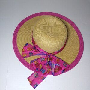Laurel Burch Cat Faces Silk Trim Ribbon Straw Hat OS Tan Pink